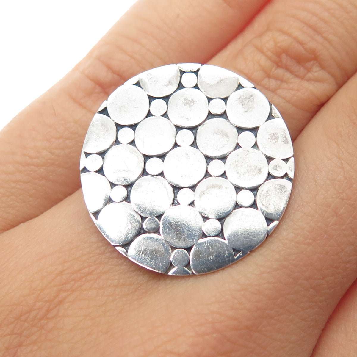 925 Sterling Silver Vintage Modernist Dotted Disc Oxidized Statement Ring Size 6