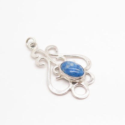 925 Sterling Silver Vintage Real Blue Agate Gemstone Ornate Pendant