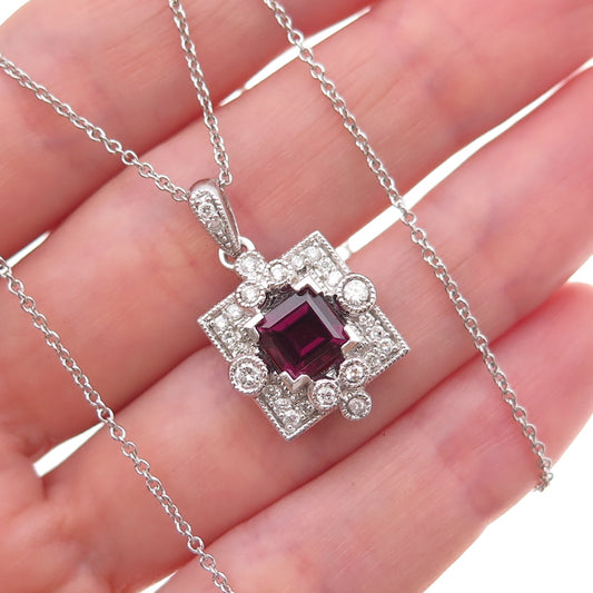 925 Sterling Silver Real Diamond & Rhodolite Cable Chain Necklace 18"