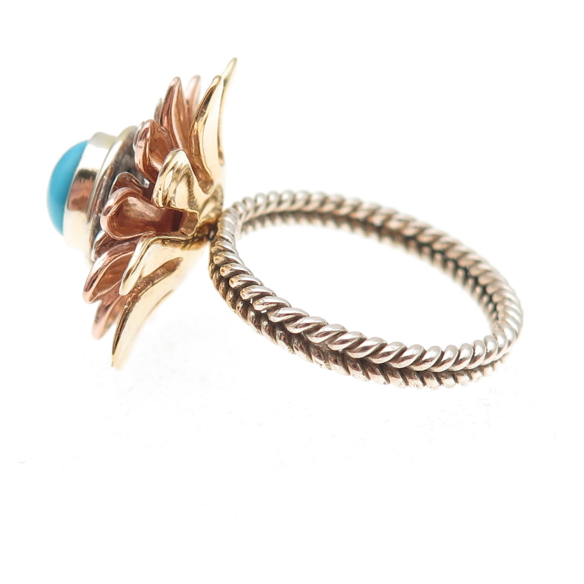 925 Sterling Silver 3-Tone Real Sleeping Beauty Turquoise Floral Ring Size 8.25