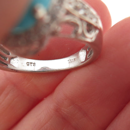 Chuck Clemency 925 Sterling Silver Real Turquoise & White Topaz Ring Size 8.25