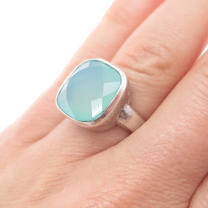 925 Sterling Silver Vintage Real Cushion-Cut Chalcedony Ring Size 6.5