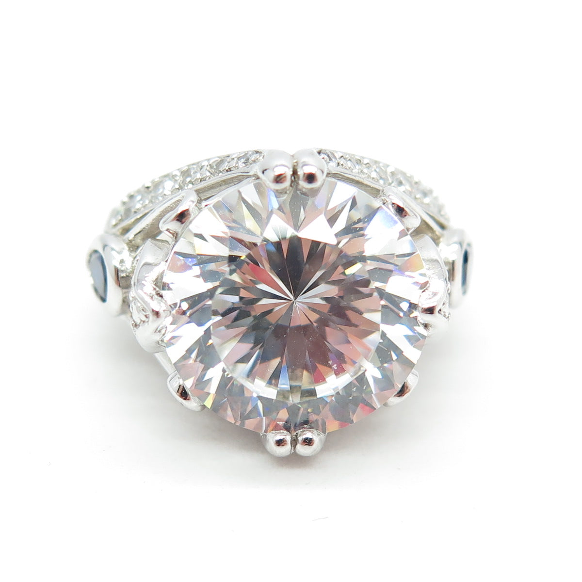 925 Sterling Silver Pear & Round-Cut Blue & White C Z Ring Size 7.25