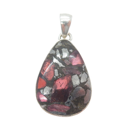 925 Sterling Vintage Real Pyrite Tourmaline & Red Garnet Inlay Modernist Pendant
