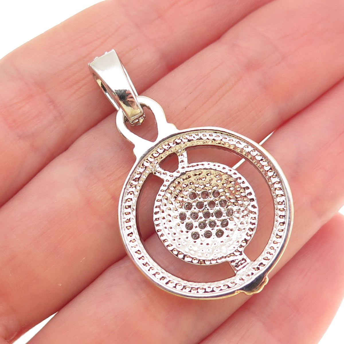 925 Sterling Silver 2-Tone Round-Cut C Z Charm Pendant