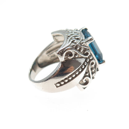 925 Sterling Silver Vintage Real Emerald-Cut Swiss Blue Topaz Ring Size 6.25