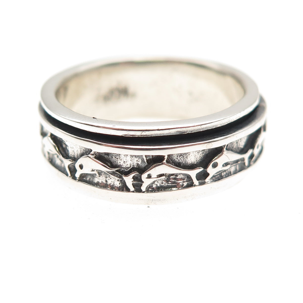 925 Sterling Silver Vintage Dolphin Oxidized Rotating Band Ring Size 9
