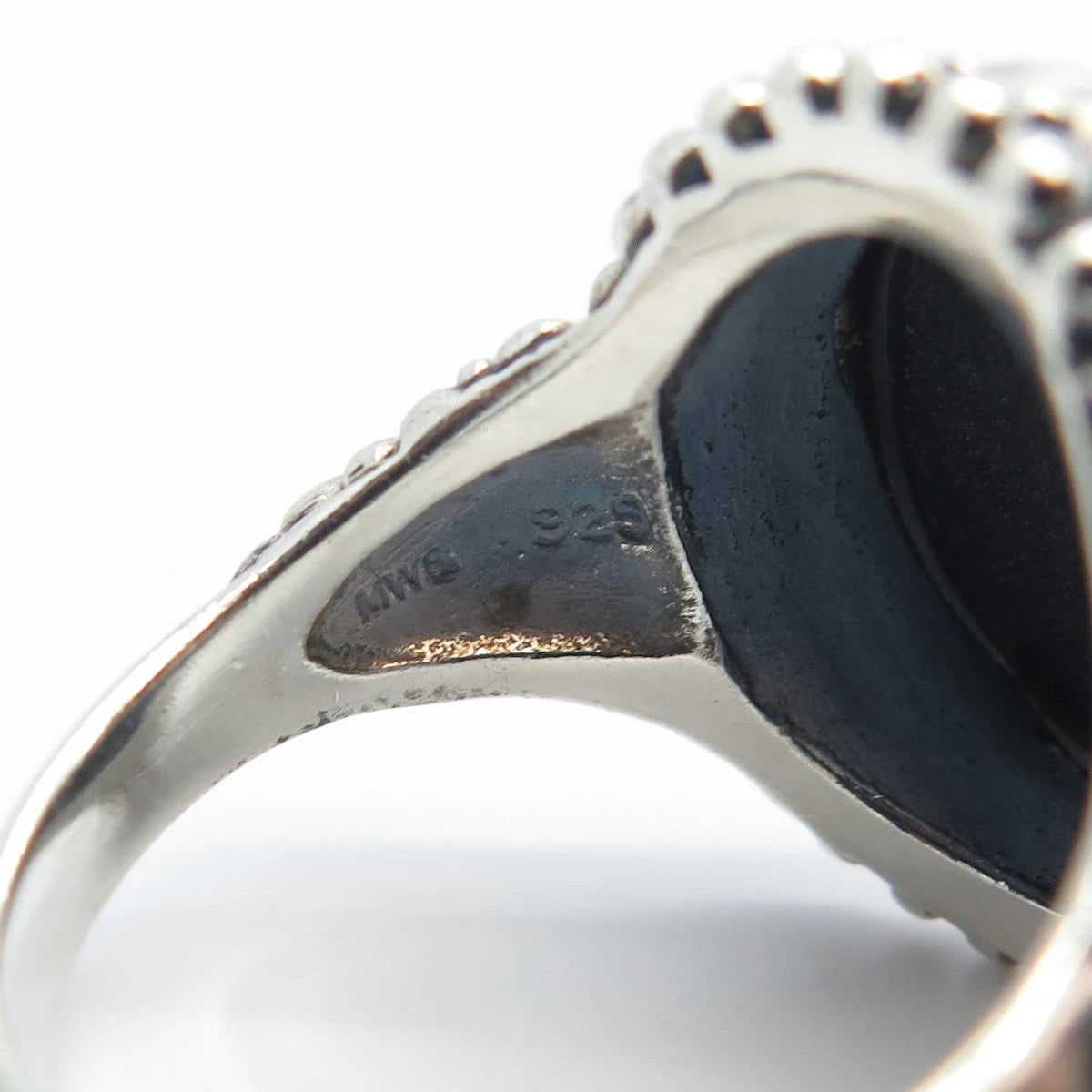 925 Sterling Silver Vintage Real Black Onyx Gem Oval Beaded Ring Size 7.25