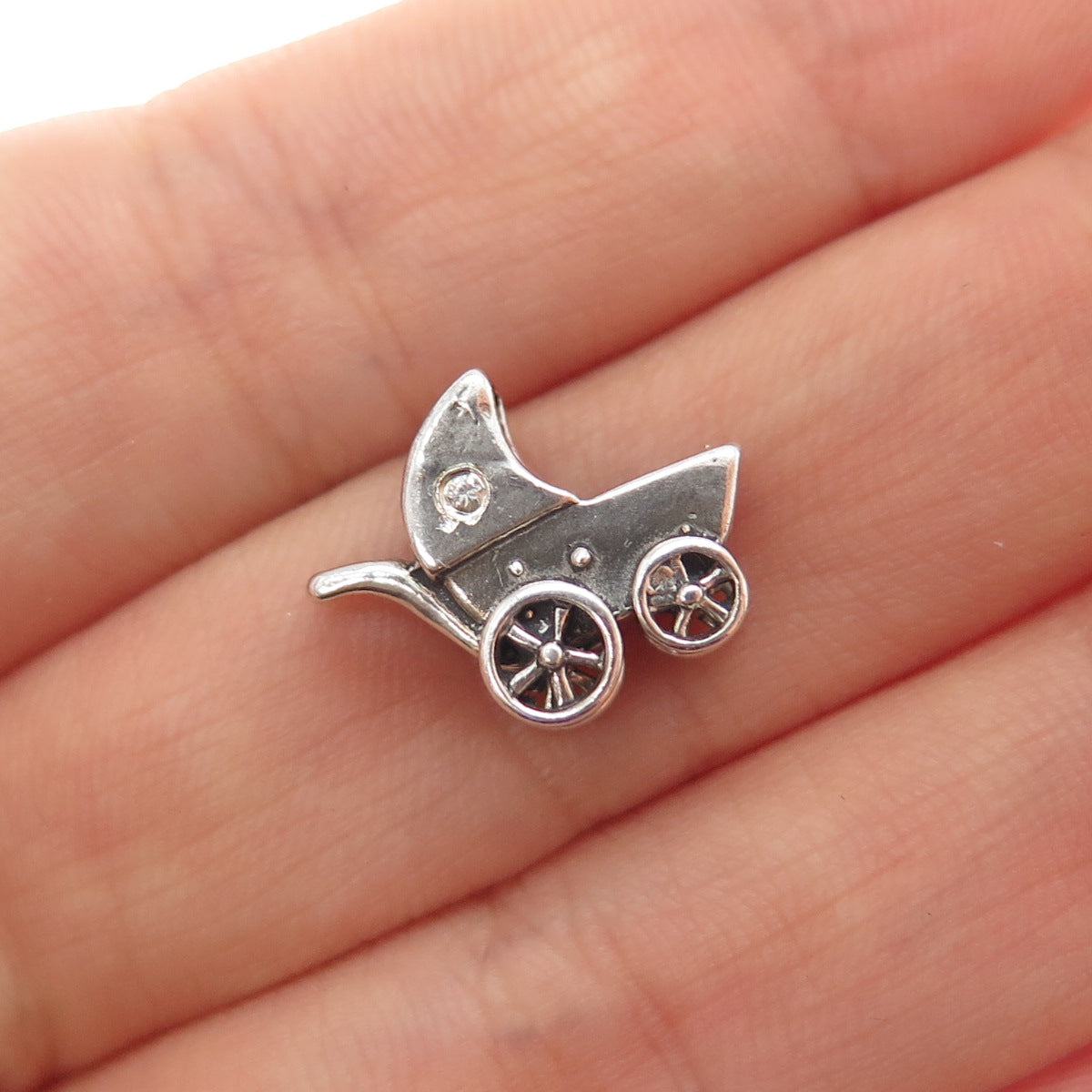 925 Sterling Silver Vintage Real Diamond Baby Stroller Mini 3D Charm Pendant