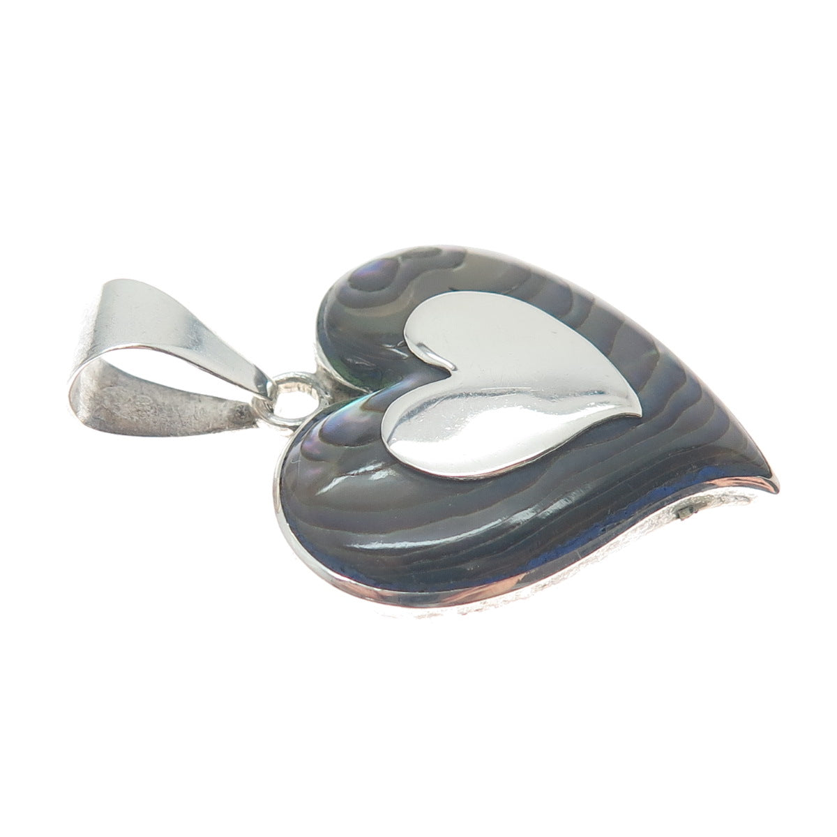 925 Sterling Silver Vintage Mexico Taxco Real Abalone Shell Heart Pendant