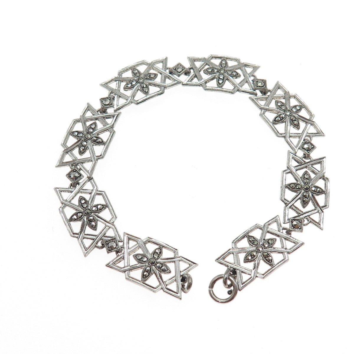 925 Sterling Silver Antique Art Deco Marcasite Bracelet 6.75" (missing lock)