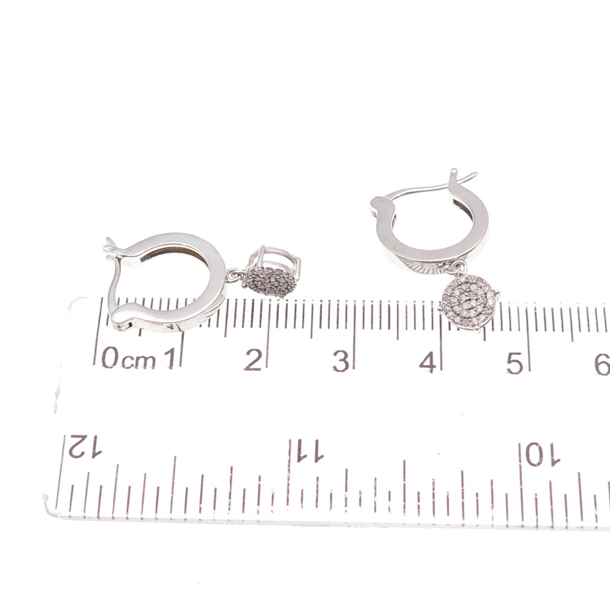 925 Sterling Silver Real Round-Cut Diamond Dangle Charm Hoop Earrings