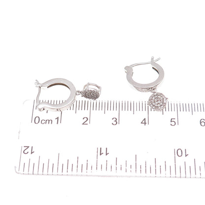 925 Sterling Silver Real Round-Cut Diamond Dangle Charm Hoop Earrings