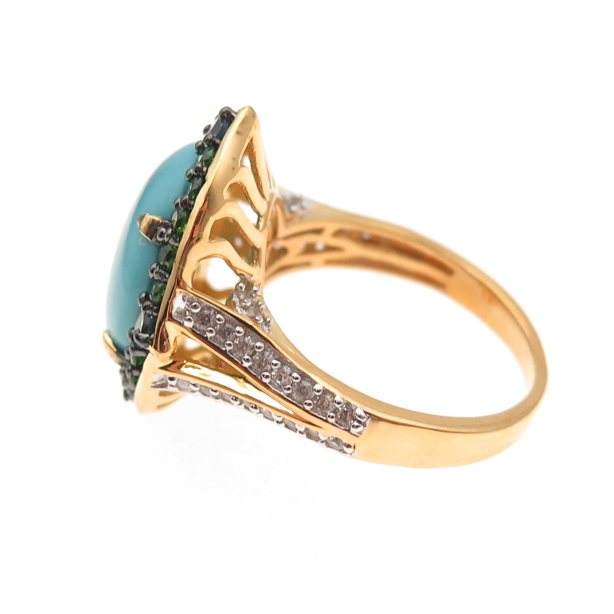 925 Sterling Gold Plated Real Turquoise Peridot Blue White Topaz Ring Size 8.25