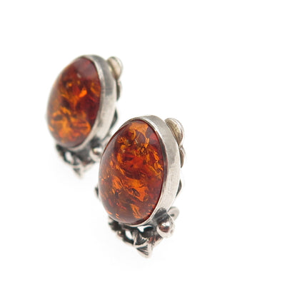 925 Sterling Silver Vintage BC Poland Real Amber Modernist Clip On Earrings
