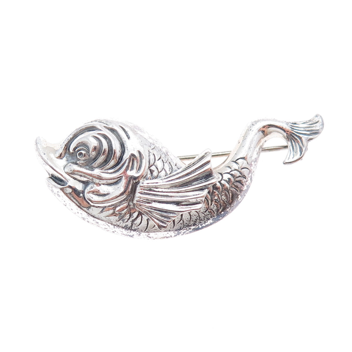 BEAU 925 Sterling Silver Vintage Fish Cartoon Character Oxidized Pin Brooch