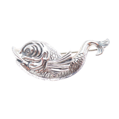 BEAU 925 Sterling Silver Vintage Fish Cartoon Character Oxidized Pin Brooch