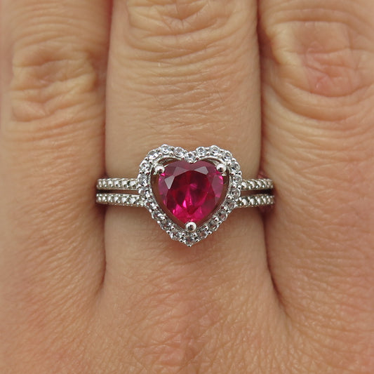 925 Sterling Silver Lab-Created Ruby & Real White Topaz Heart Ring Size 8.25