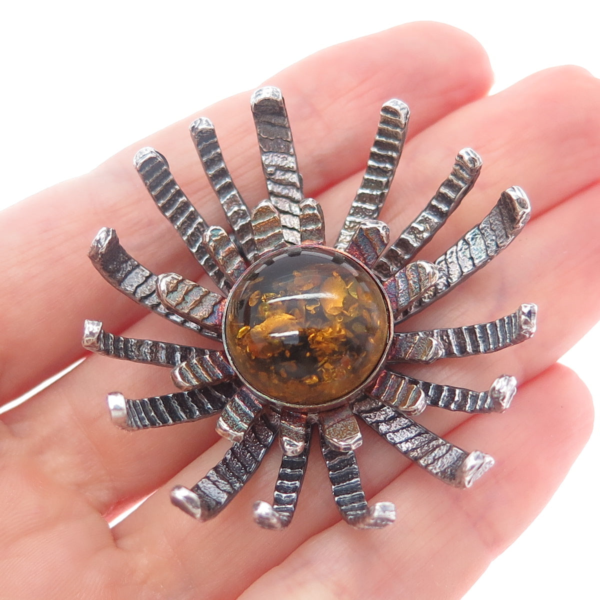 ENNY Sterling Silver Vintage Real Amber Modernist Flower Oxidized Slide Pendant