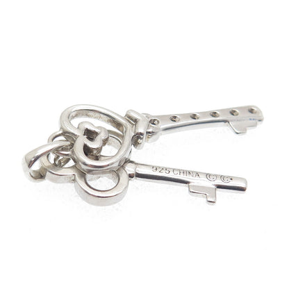 925 Sterling Silver Real Diamond Heart & Club Key Double Charm Pendant