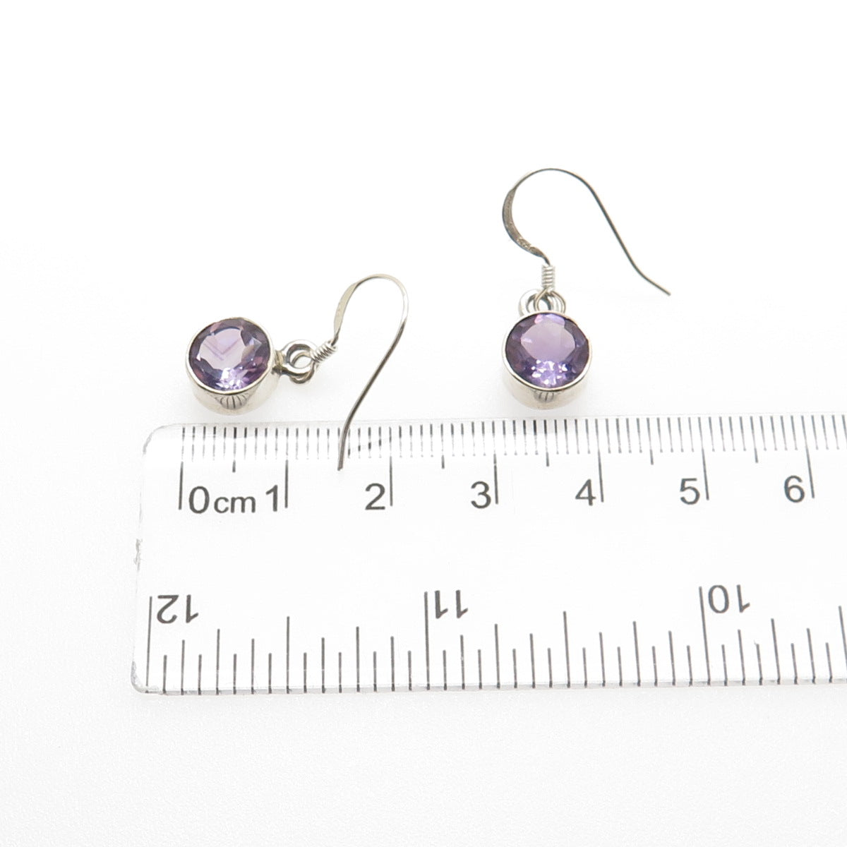 925 Sterling Silver Vintage Real Round-Cut Amethyst Dangle Earrings