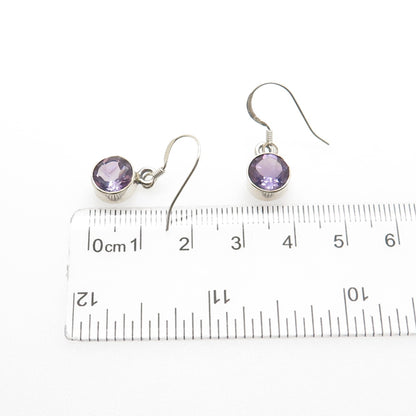 925 Sterling Silver Vintage Real Round-Cut Amethyst Dangle Earrings