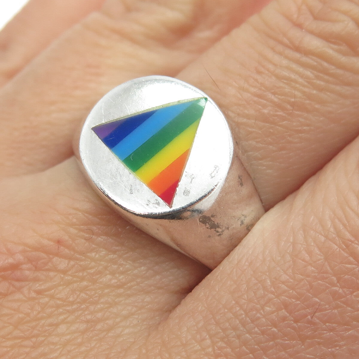 925 Sterling Silver Vintage Rainbow Enamel "Happy Pride" Signet Ring Size 12