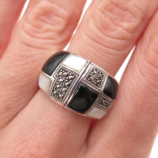 925 Sterling Silver Vintage Real Black Onyx Marcasite & MOP Ring Size 8.25