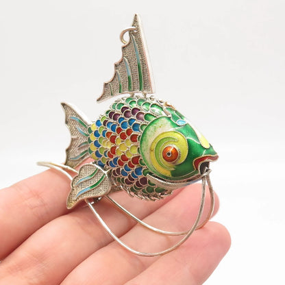 925 Sterling Silver Enamel Antique Chinese Koi Fish Articulated Fob / Pendant