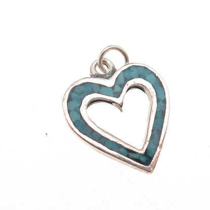 Tommy Long Old Pawn Sterling Silver Vintage Turquoise Inlay Heart Charm Pendant