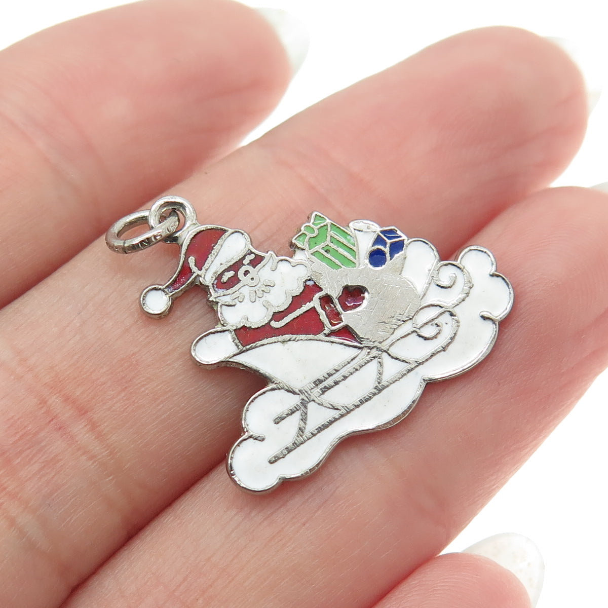 925 Sterling Silver Antique Art Deco Colorful Enamel Santa in a Sleigh Pendant