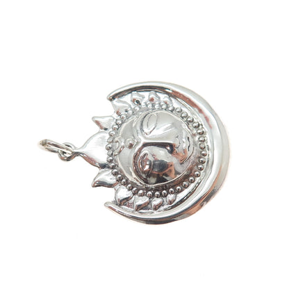 925 Sterling Silver Vintage Eclipse Sun Face & Crescent Moon Charm Pendant