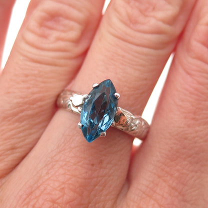 925 Sterling Silver 2-Tone Vintage Real Marquise-Cut Blue Topaz Ring Size 7.75