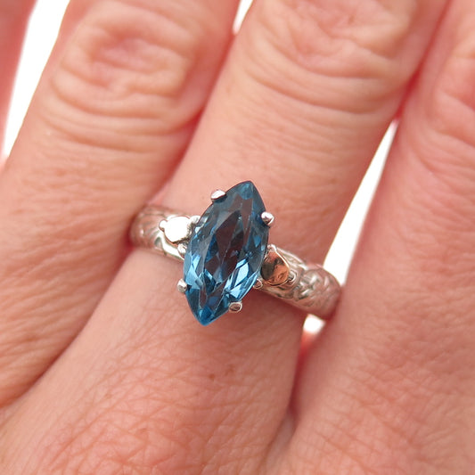 925 Sterling Silver 2-Tone Vintage Real Marquise-Cut Blue Topaz Ring Size 7.75