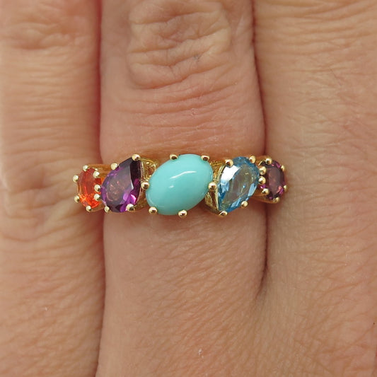 925 Sterling Silver Gold Plated Turquoise Opal Topaz Tourmaline Ring Size 5.25