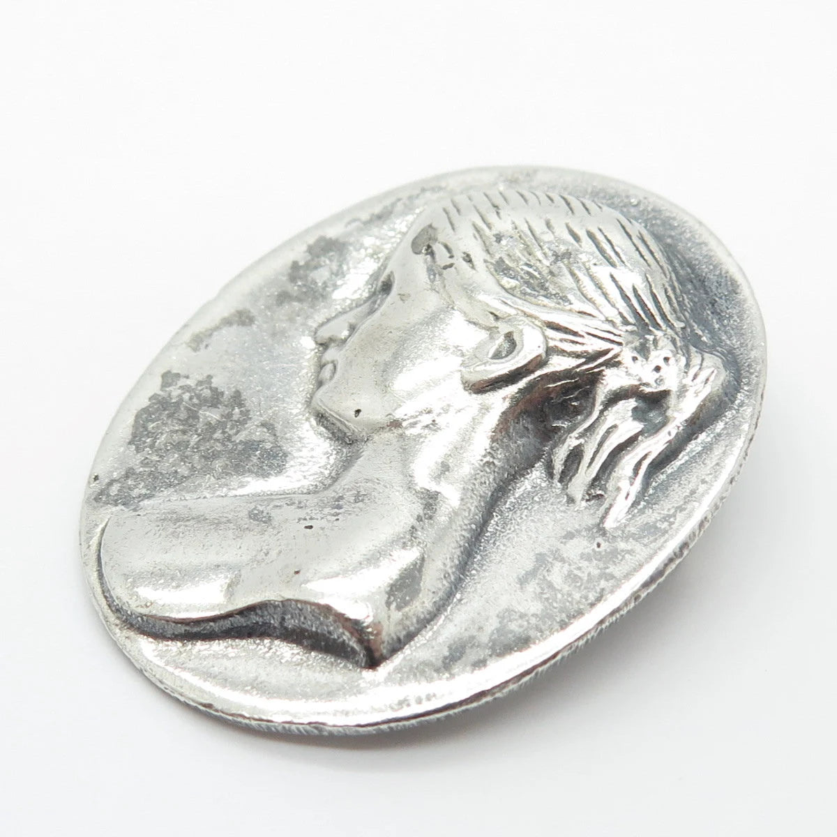 925 Sterling Silver Vintage Lady's Profile Oval Pin Brooch / Pendant