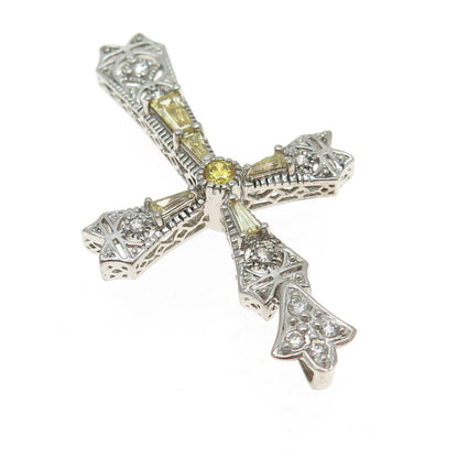 ROSS SIMONS 925 Sterling Silver White & Lemon C Z Ornate Cross Pendant