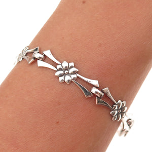 925 Sterling Silver Antique Art Deco Floral Oxidized Bracelet 7.5"