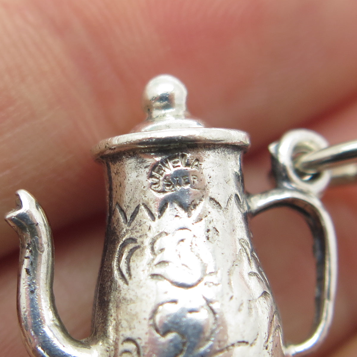 JEWELART 925 Sterling Silver Vintage Coffee Pot 3D Charm Pendant