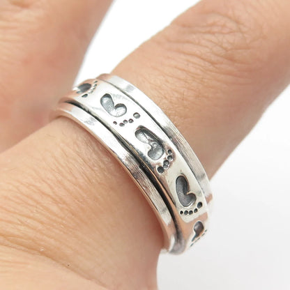 925 Sterling Silver Vintage Footprint Rotating Band Ring Size 10.75