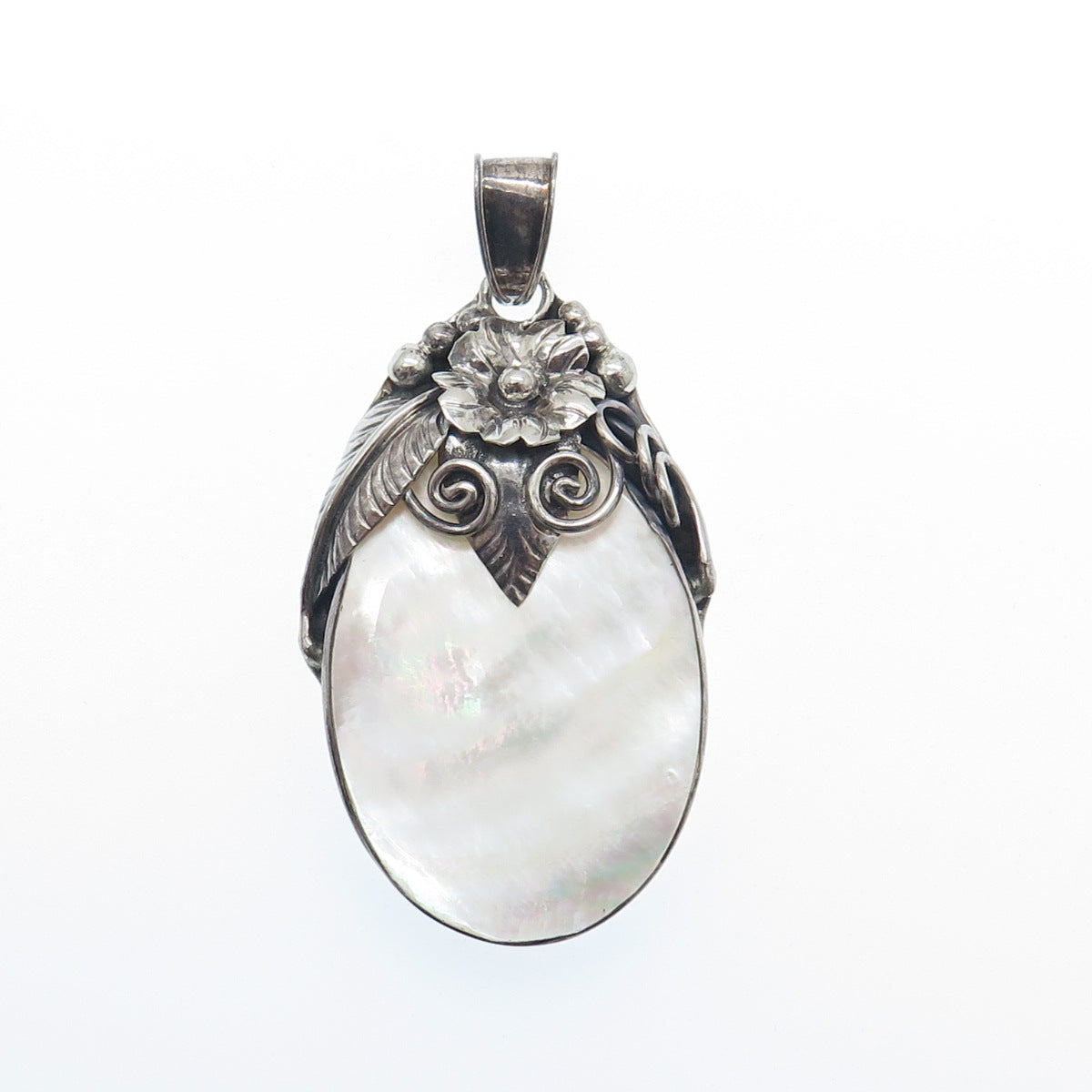 MERAV 925 Sterling Silver Vintage Real MOP Feather Flower Oxidized Pendant