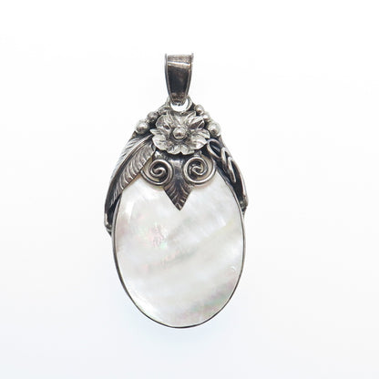 MERAV 925 Sterling Silver Vintage Real MOP Feather Flower Oxidized Pendant