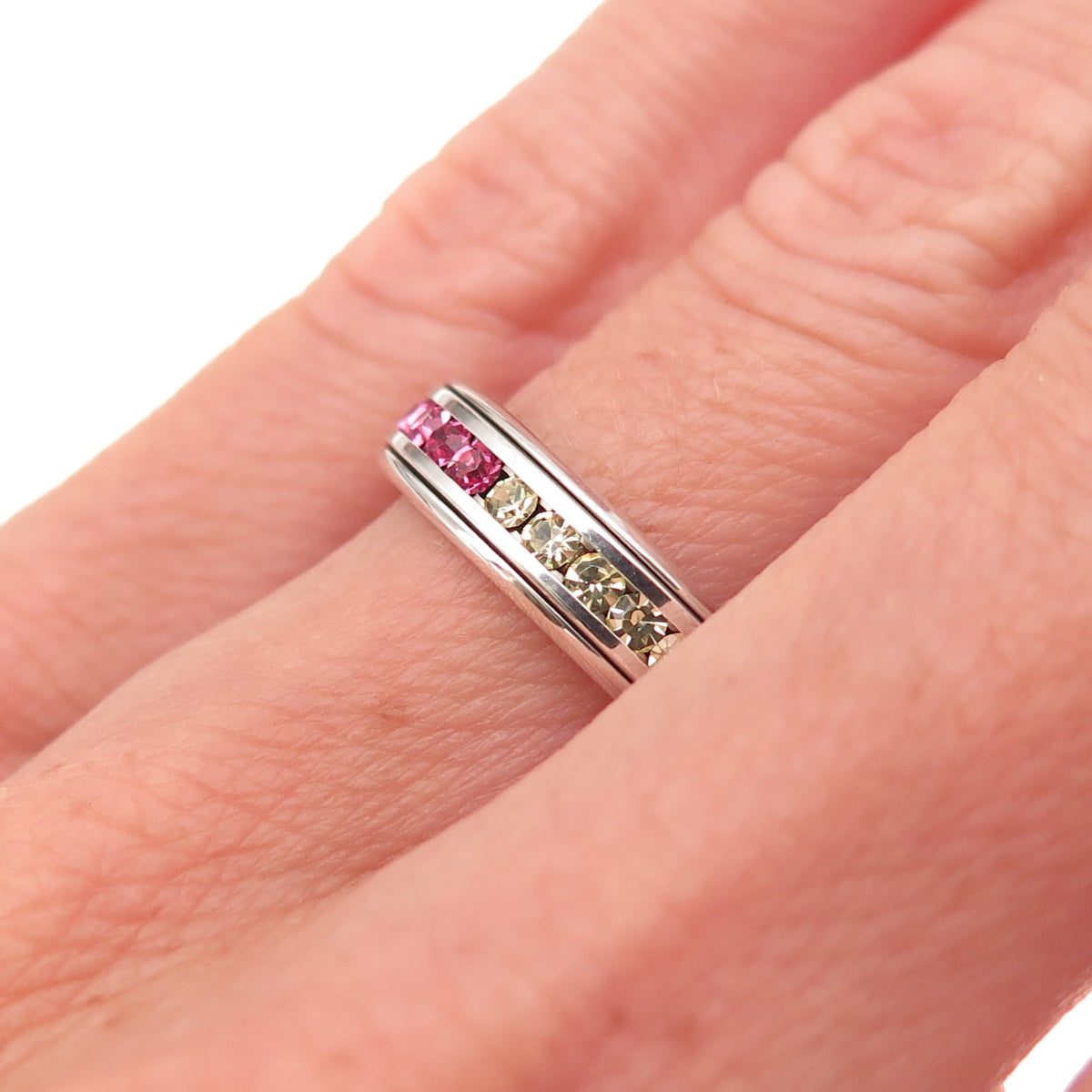 925 Sterling Silver Round-Cut Multi-Color Rhinestone Band Ring Size 6.25