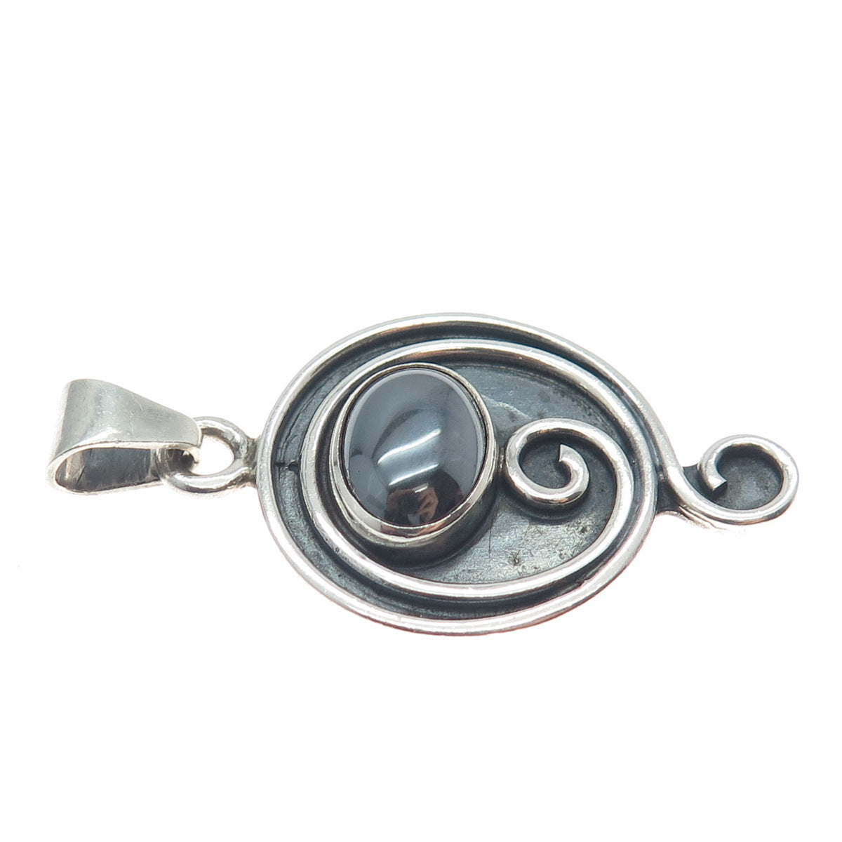 925 Sterling Silver Vintage Real Hematite Gem Swirl Modernist Oxidized Pendant