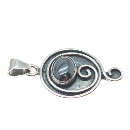 925 Sterling Silver Vintage Real Hematite Gem Swirl Modernist Oxidized Pendant