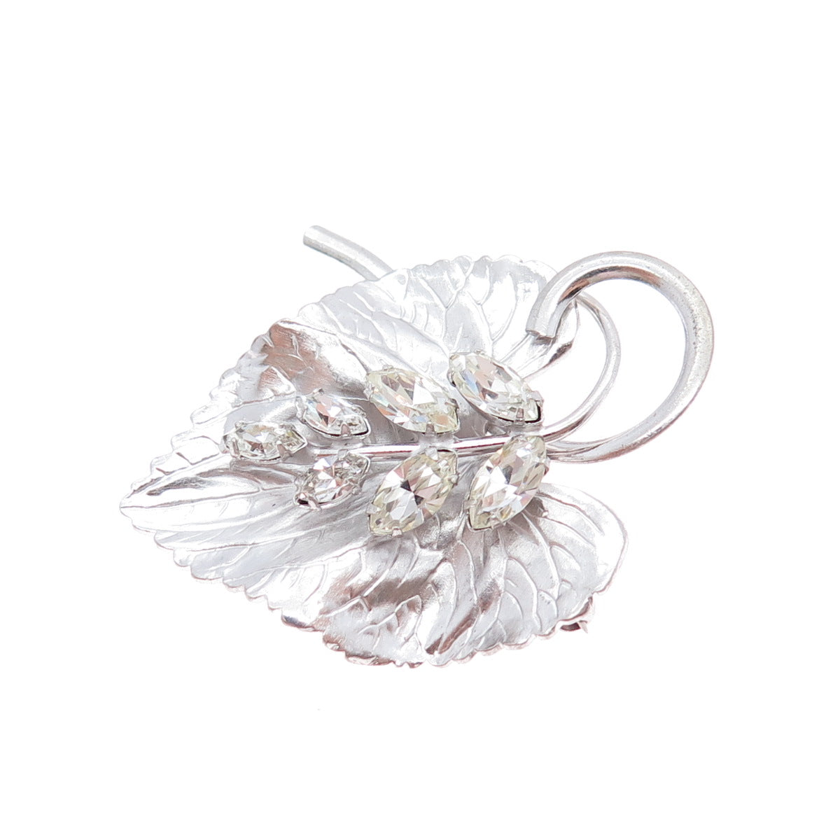 CARL ART 925 Sterling Silver Vintage Rhinestone Floral Leaf Pin Brooch