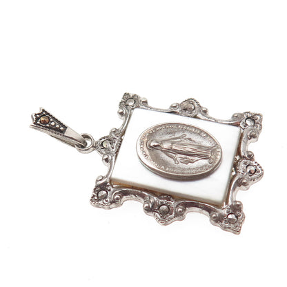 THEDA 925 Sterling Silver Antique Art Deco Real MOP & Marcasite St. Mary Pendant