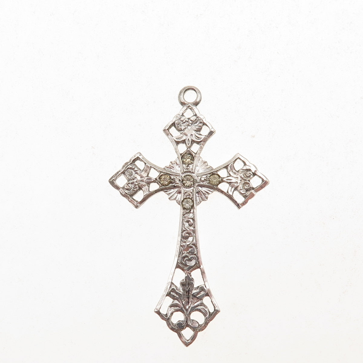 925 Sterling Silver Antique Art Deco Rhinestone Floral Cross Charm Pendant