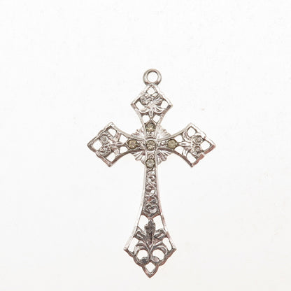925 Sterling Silver Antique Art Deco Rhinestone Floral Cross Charm Pendant