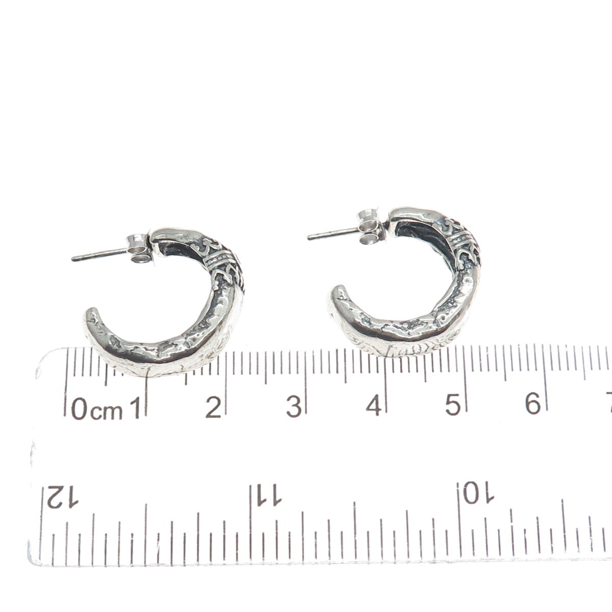 925 Sterling Silver Vintage Israel C Z Modernist Oxidized Hoop Earrings